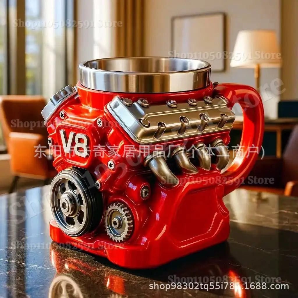 Retro Engine Coffee Mug,V8 Engines Stainless Steel Cup,Personalized Double Wall Insulation Car Mug with Handle for Christmas