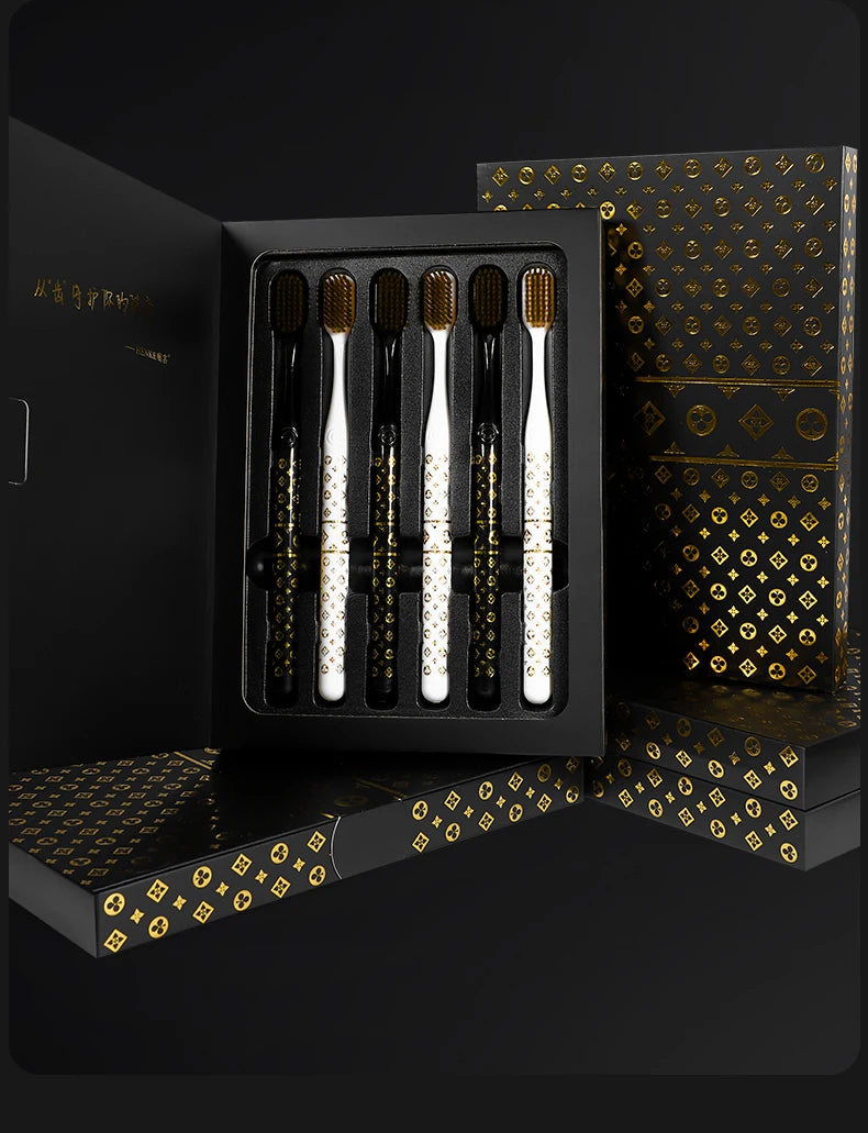 [6-Pcs Gift Boxes] New high-looking black gold printed small head household couple travel soft-bristle toothbrush