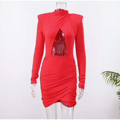 Sexy Hollow-out Pleated Mini Dress Women Fashion Solid Half High Collar Long Sleeve Slim Dresses 2025 Lady Party Club Robes