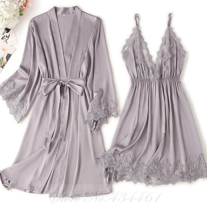 Burgundy 2PCS Robe Set Nightgown Sexy Lace Kimono Bathrobe Gown Nightdress Sleepwear Summer Satin Loose Home Wear Loungewear