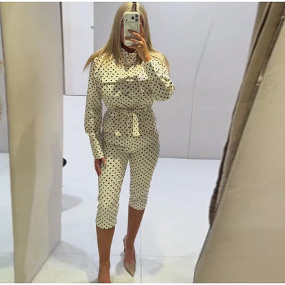 Fashion Polka Dot Cropped Pants Set For Women Y2K Stand Collar Lace Up Jacket High Waist Capri Pants Lady Street 2 Pieces Outfit