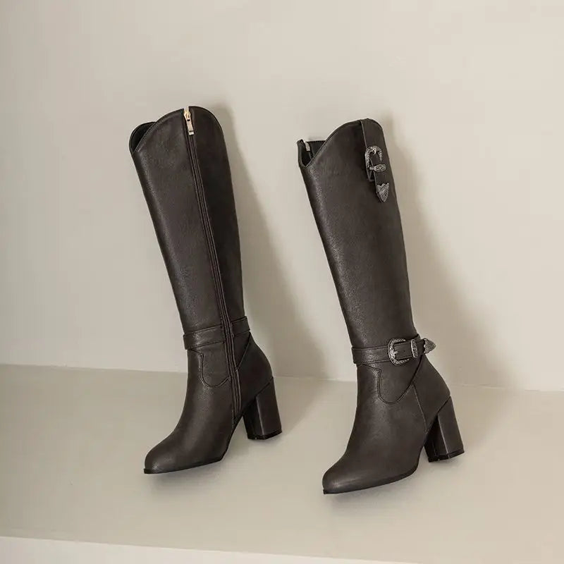 Girseaby British Style Women Knee High Boots Round Toe Block Heel 7.5cm Zipper Plus Size 51 52 Fashion Riding Bota