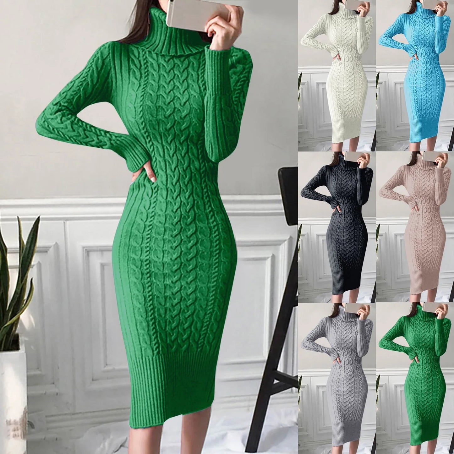 Autumn Winter Women Sweater Dresses Long Sleeve Turtleneck Dress Ladies Solid Color Knitted Bodycon Midi Dress Jumper Dresses