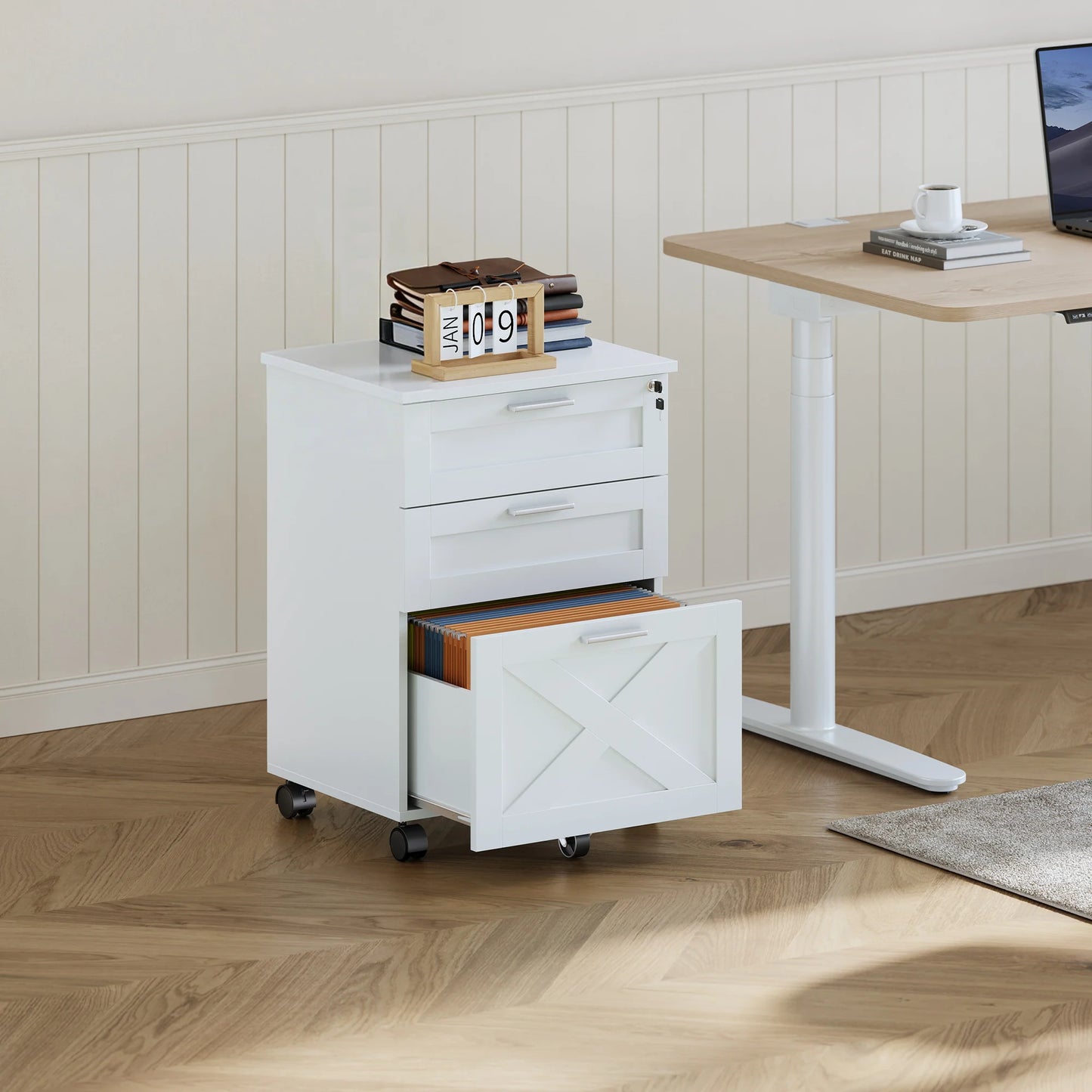 3 Drawer Rolling File Cabinet with Lock & Casters, Wooden Mobile Storage Organizer Printer Stand, Fits A4/Letter for Home Office