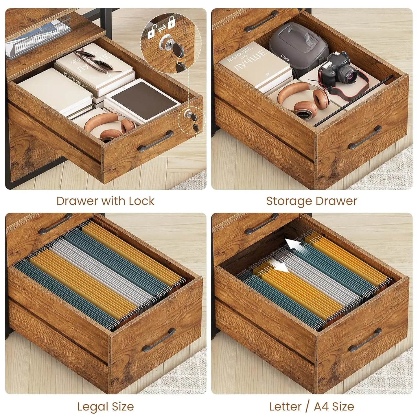 63" Computer Desk, Office Desk with Lock Drawers for Legal/Letter File, Gaming Desk with LED Light & Power Outlet,, Customized