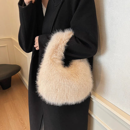 Winter Shoulder Bags Casual Furry for Women Solid Color Soft Plush Ladies Clutch Purse Handbags Lightweight Female Hobos Bag