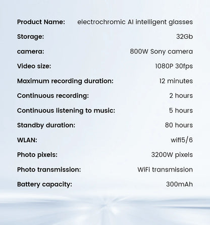 AI Smart Glasses 800W HD Camera 32 Million Interpolation Real-Time Translation AI Voice Assistant LED Flashlight  Music