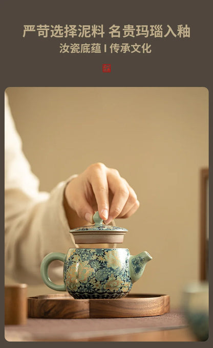 Ru Kiln Ceramic Teapot Gilded Peony Western Han Tile Pot Kung Fu Tea Set Household Tea Pot