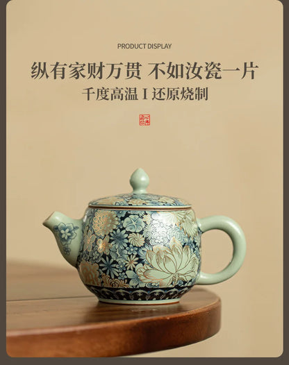 Ru Kiln Ceramic Teapot Gilded Peony Western Han Tile Pot Kung Fu Tea Set Household Tea Pot