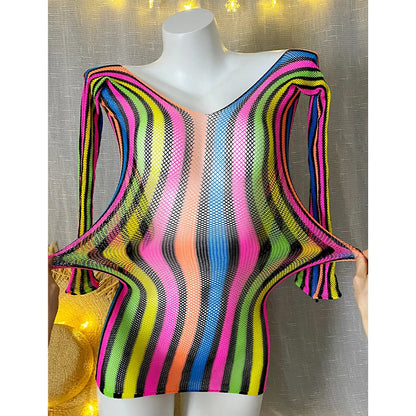 1PC Women Fishnet Cover Up Without Bikini Sexy Lingerie See Through Hollow Out Bodycon Dress Long Sleeve Beachwear CT011