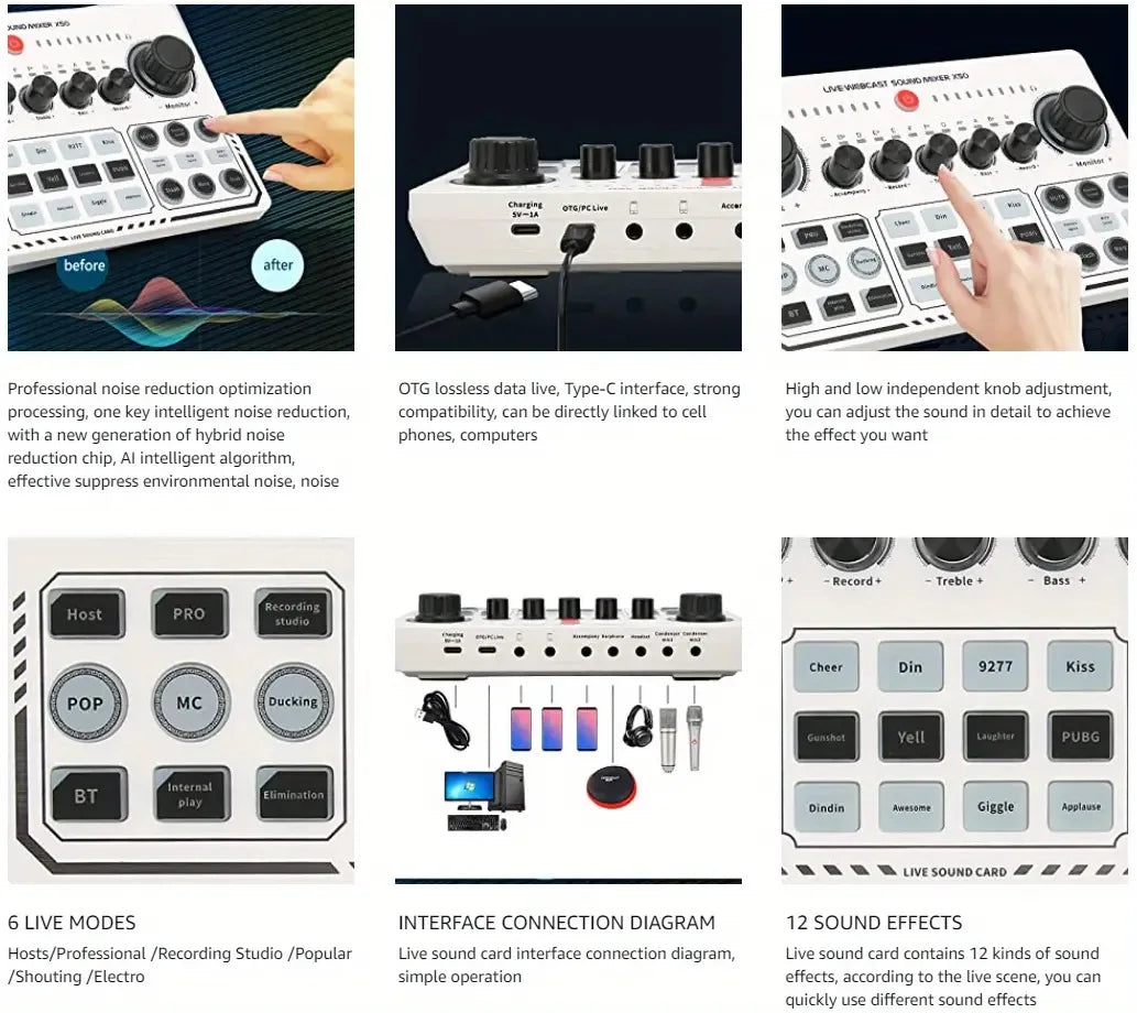 X50 Podcast Recording Equipment with Podcast Mixer Sound Card for Live Streaming Voice Changer DJ Audio Mixer Interface
