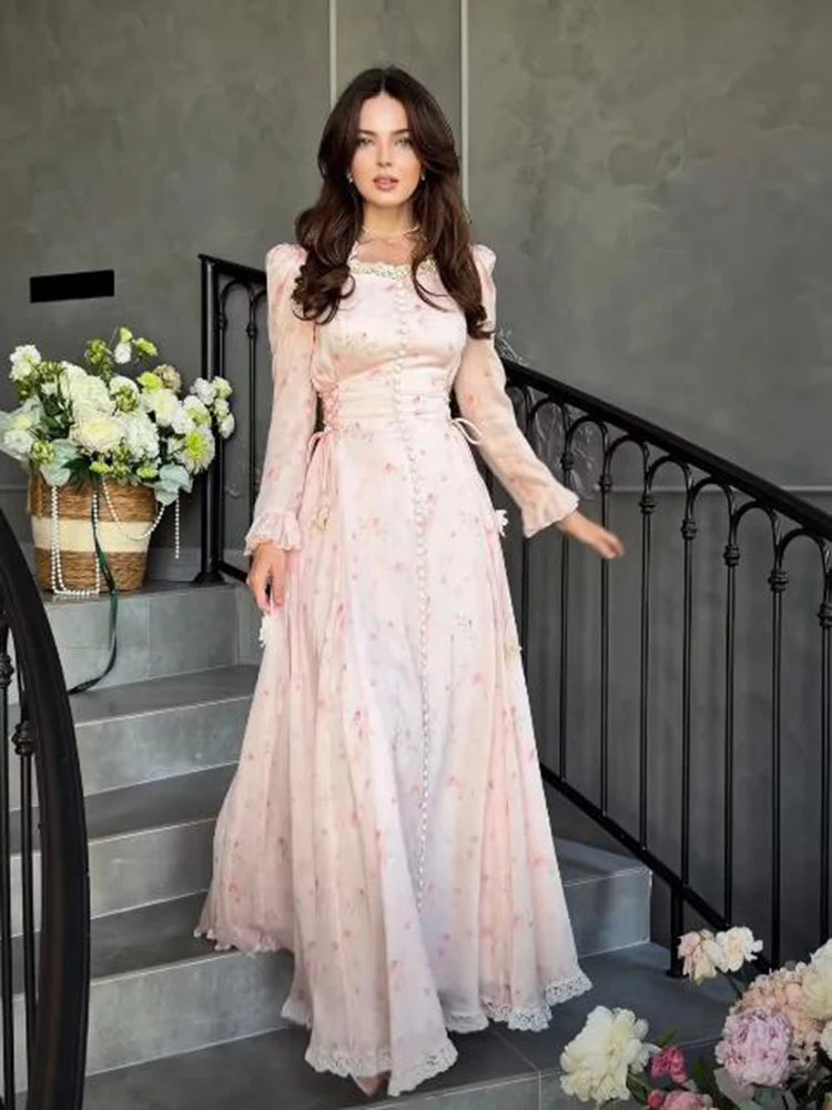 Pink Printed Women's Dress Fashion Wide Shoulder Straps And Pleated Hem Cinched Waist Vestido 2026 Lady Party Vacation Gowns