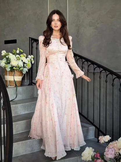 Pink Printed Women's Dress Fashion Wide Shoulder Straps And Pleated Hem Cinched Waist Vestido 2026 Lady Party Vacation Gowns