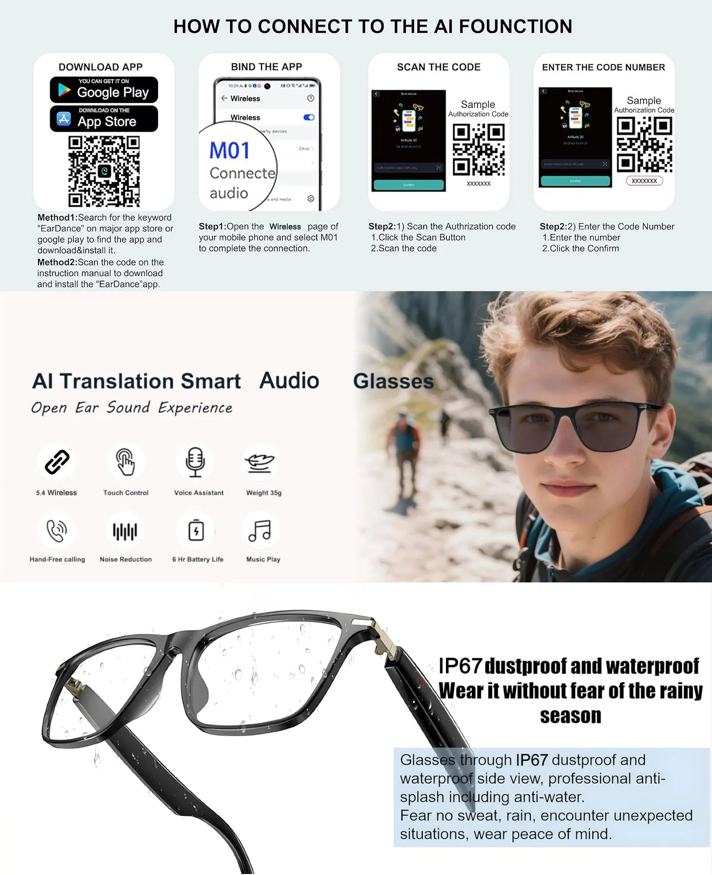AI smart translation glasses, supporting real-time app translation in 164 languages, photochromic lenses, and flat gray lenses.