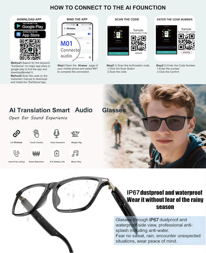 AI smart translation glasses, supporting real-time app translation in 164 languages, photochromic lenses, and flat gray lenses.
