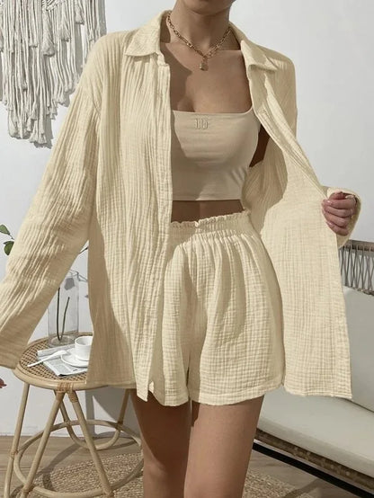 100% Cotton Gauze Muslin Sets For Women 2 Pieces Long Sleeve Shirts And Loose High Waist Mini Shorts Sets Ensemble Femme