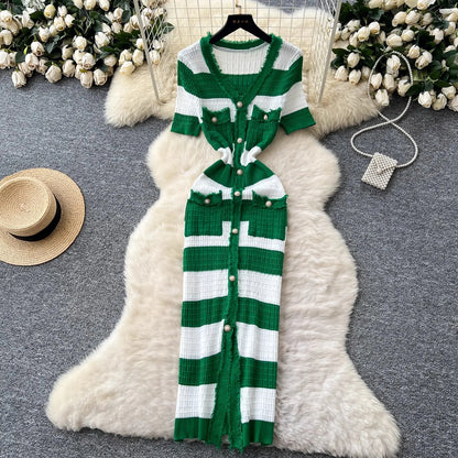 YuooMuoo Chic Fashion Sexy Package Hips Knitted Long Dress 2025 Spring and Summer Elegant Slim Waist Office Lady Sweater Dress