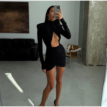 Sexy Hollow-out Pleated Mini Dress Women Fashion Solid Half High Collar Long Sleeve Slim Dresses 2025 Lady Party Club Robes