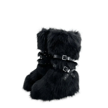 Faux Fur Knee-High Boot Round Toe Height Increasing Wild Winter Warmer Belt Buckle Slip-On Fashion Luxury Sexy Women Shoe Newest