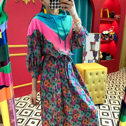 Chic Retro Floral Print Hooded Long Sweater Dr Women's High Waist Color Blo Waisand Casual Comfortable Autumn Dr