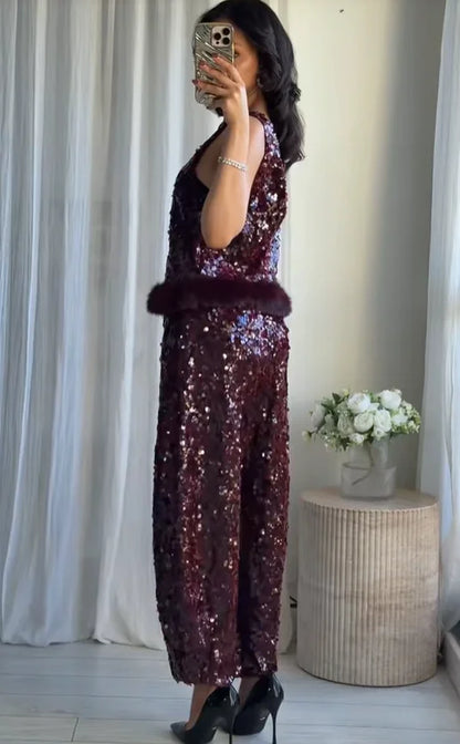 Chic Sequin Sleeveless Top Pants Set Women Faux Fur Patchwork Tops High Waist Straight Trousers Sets Lady Party Street Outfits
