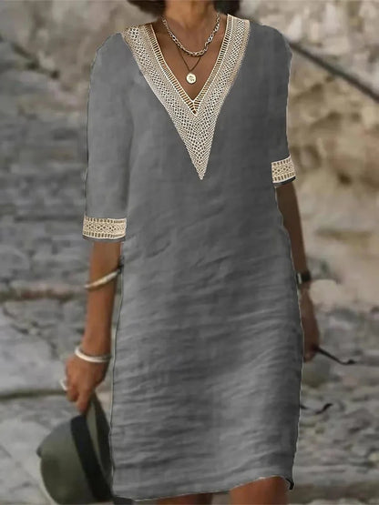 New solid color V-neck mid-sleeved elegant dress