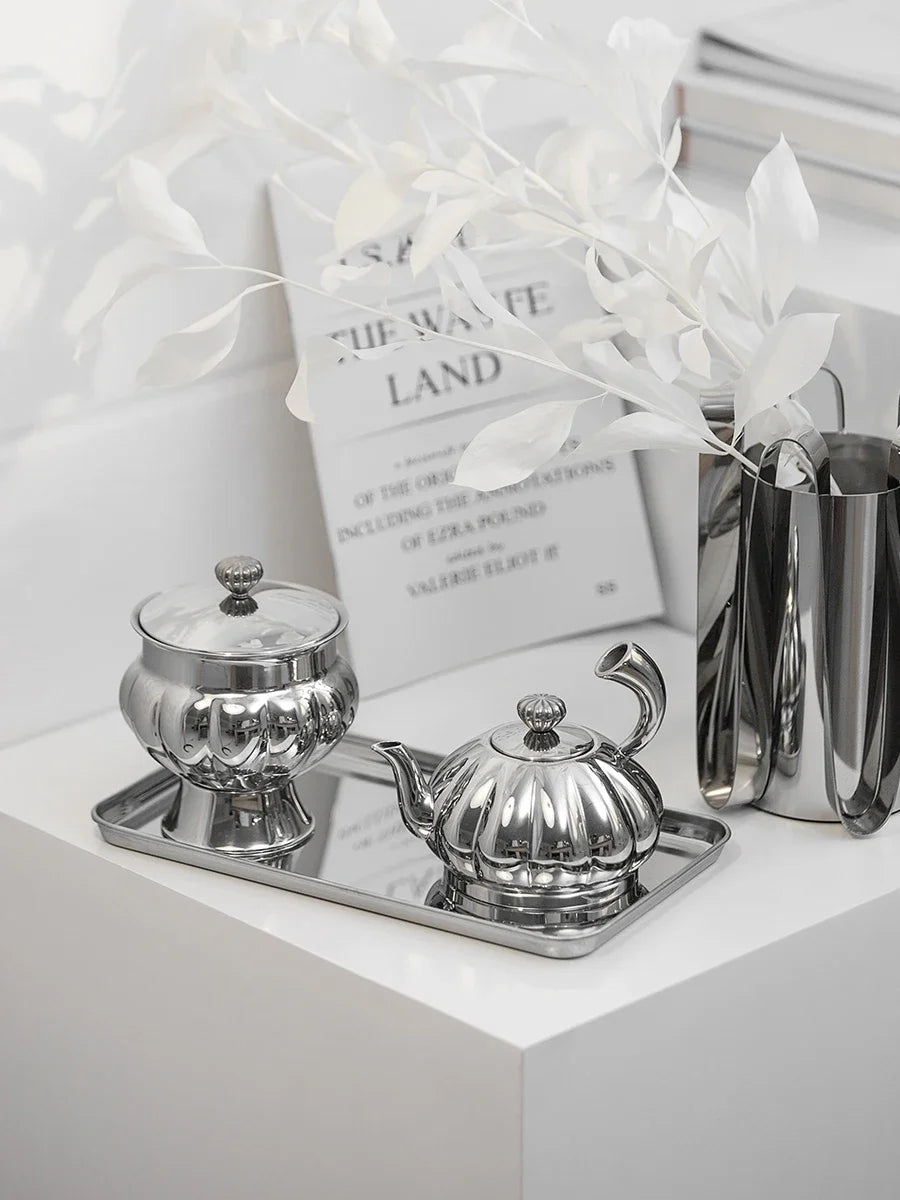 Nordic Luxury Stainless Steel TeaPot, Retro Sugar Bowl, Coffee Candy Jar with Lid for Home Decoration, Afternoon Tea, Holtel