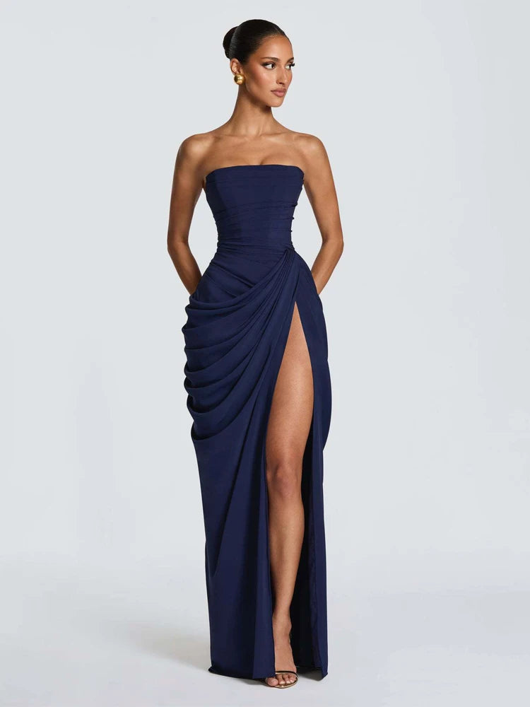 Elegant Yellow Strapless Pleated Dress Women Chic Sleeveless Waist Cinching Split Maxi Gowns 2026 Summer Lady Evening Party Robe