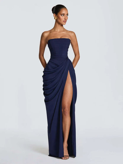 Elegant Yellow Strapless Pleated Dress Women Chic Sleeveless Waist Cinching Split Maxi Gowns 2026 Summer Lady Evening Party Robe