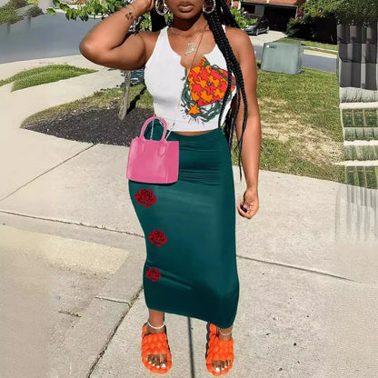 Summer Street Style Streetwear Tank Top And Long Skirt Set Women's Sleeveless Casual Outfit 50%-70% Spandex Comfortable Fit