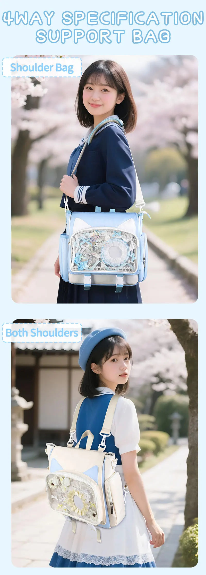 TINYAT Y2K Ita Bag Girl School Backpack Waterproof Transparent Shoulder Bag Women's Crossbody Bag DlY Display Cute Cat Ear