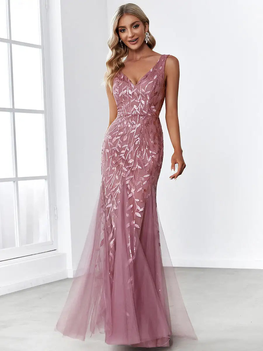 BAZIIINGAAA Party Dress Sexy Double V-Neck Sequin Mermaid Maxi Dresses For Evening Evening Dress