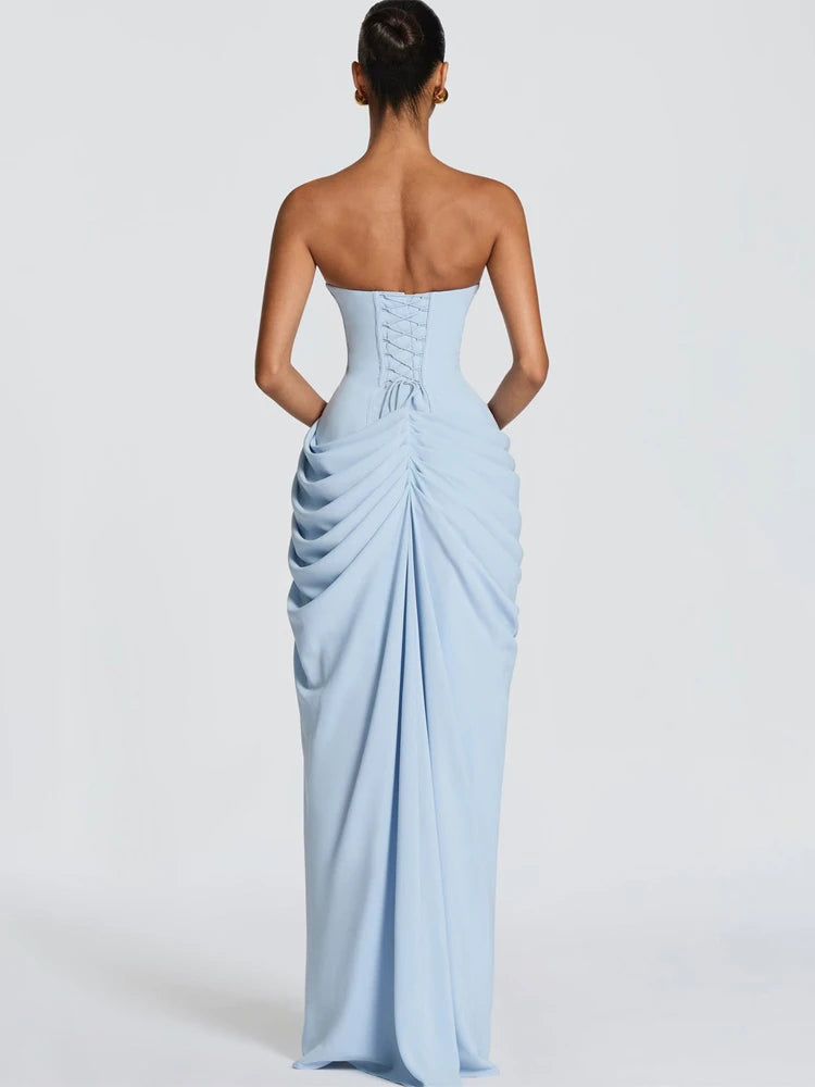 Elegant Yellow Strapless Pleated Dress Women Chic Sleeveless Waist Cinching Split Maxi Gowns 2026 Summer Lady Evening Party Robe