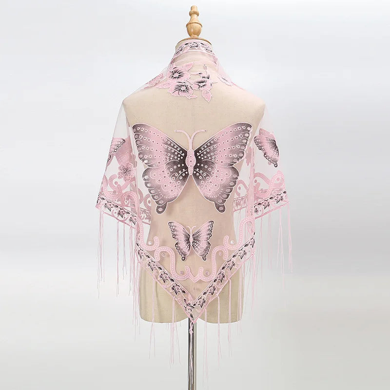 New Women Lace Tassel Triangular Scarf Solid Hollow-out Butterfly Embroidery Scarves Soft Lady Shawl Foulard Party Wrap Shawls
