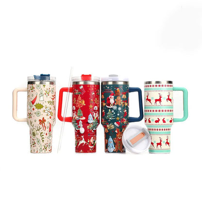 40oz Thermos Bottles Stainless Steel Christmas Series Insulated Water Bottle with Handle/straw Car Ice King Cup Christmas Gift