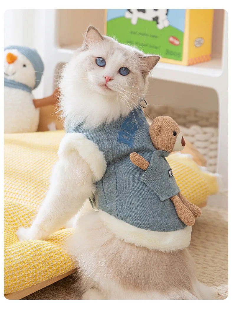 Cat autumn and winter thickened warm pocket three-dimensional bear denim traction vest small dog dog pet clothes