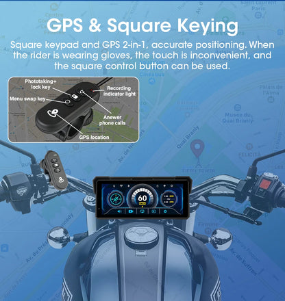 5/8.1 inch Motorcycle Carplay GPS Navigation Wireless Carplay Android Auto IPX7 Waterproof Support 4K+1080P Dual Lens DVR