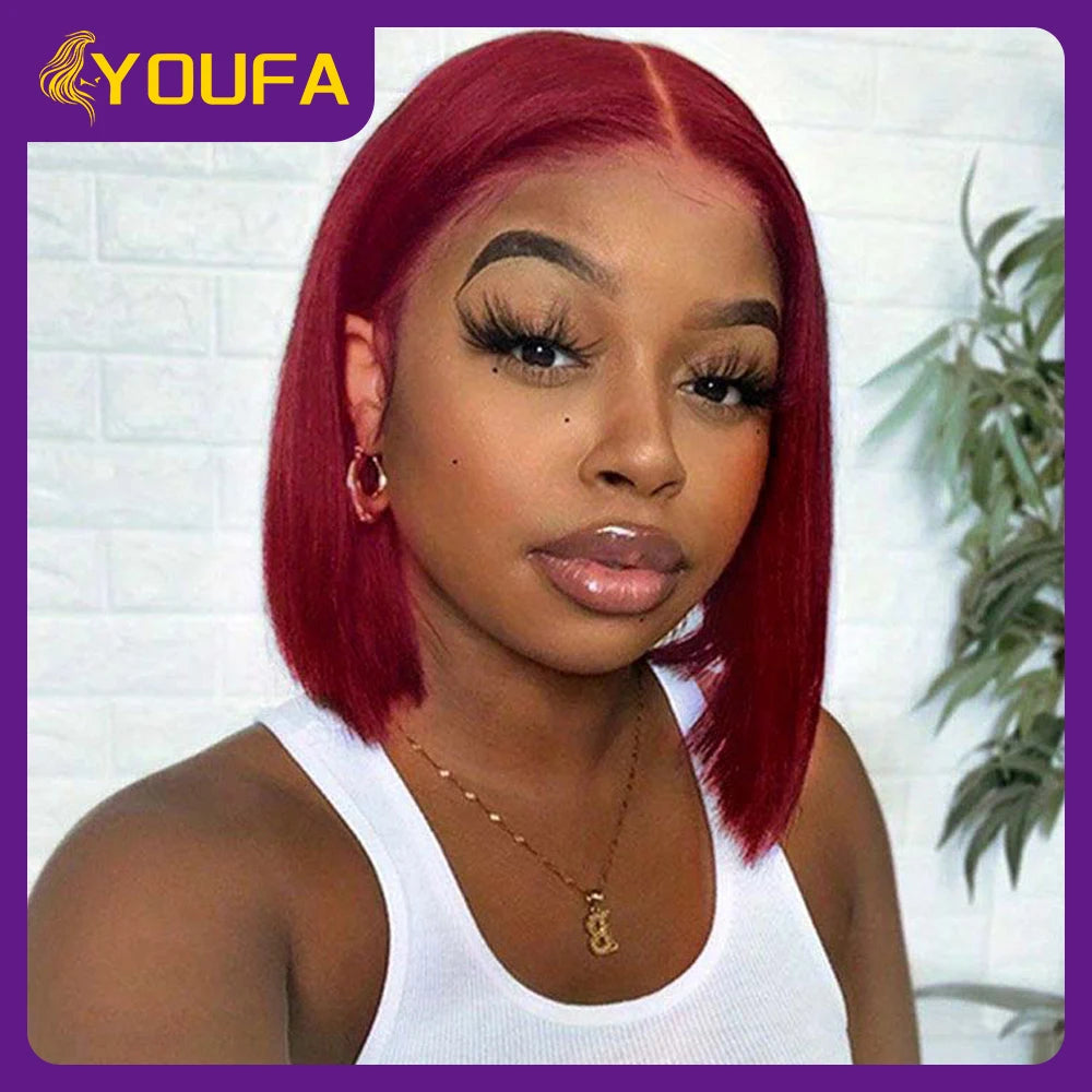 Burgundy 13x4 Lace Front Wigs With Bangs New Style 100% Brazilian Straight Human Hair Wigs Transparent Lace Frontal Bang Wigs