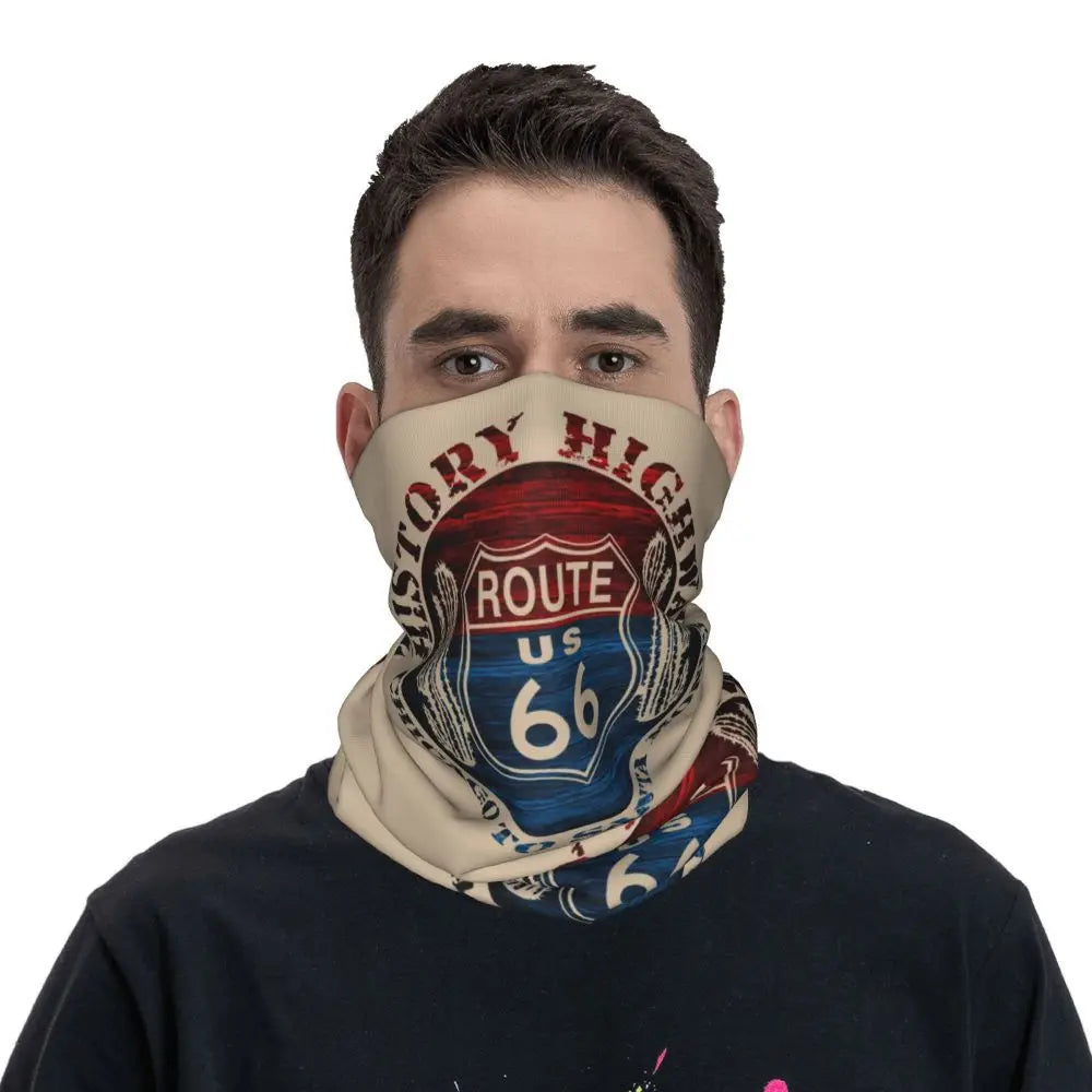 Custom Travel Motorcycle Ride Route 66 Bandana Winter Neck Warmer Windproof Wrap Face Scarf for Hiking Highways Gaiter Headband