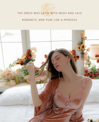 REBEYULI Sexy Sleepwear Women Deep V Solid Lace Velvet Mini Dress with Chest Pad Sweet Fly Sleeves Casual Robe Gown Set Women