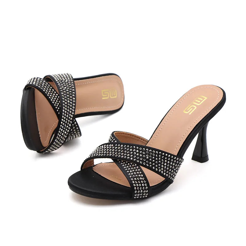 Rhinestone Slippers For Woman 2025 New Elegant Party Shoes Summer Thin High Heeled Slides Fashion Women Sandals Zapatos Mujer