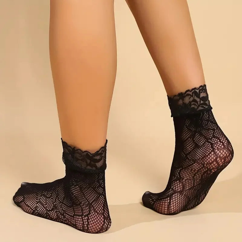 5 Pairs Lace Women Mesh Socks Summer Elastic Transparent Ankle Socks Vintage Lolita Women Versatile Fishnet Net Black Sock