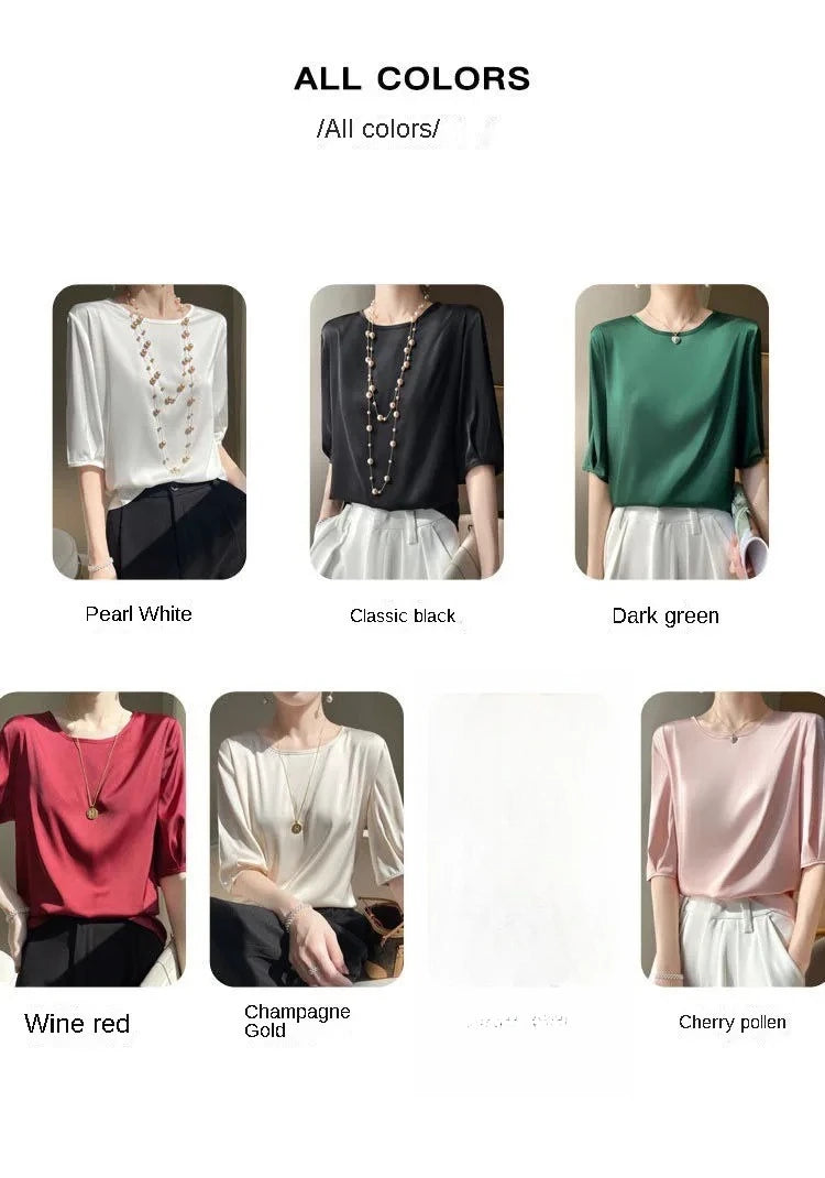 Summer satin Women Blouse Silky Loose Woman Shirt lady's half Sleeve tops Casual solid t-shirt O-Neck pullover women's clothing
