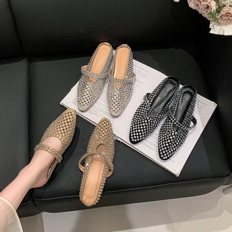 Crystal Women's Pointed Toe Slippers Luxury Flats Sandals Casual Mules Shoes Cozy New Trend Slides Fashion Dress Mujer Zapatos