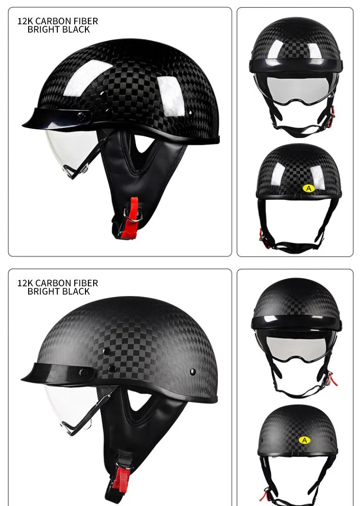    Best Seller Carbon Fiber Retro Motorcycle Half Face Helmet with Comfortable Lining Protective Goggles Helmet Factory Wholesale