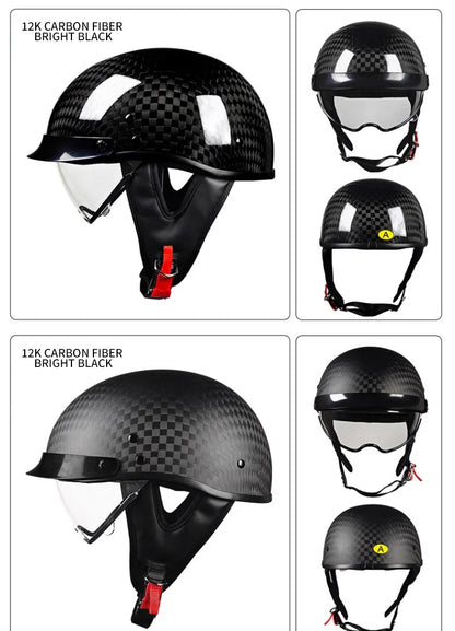    Best Seller Carbon Fiber Retro Motorcycle Half Face Helmet with Comfortable Lining Protective Goggles Helmet Factory Wholesale