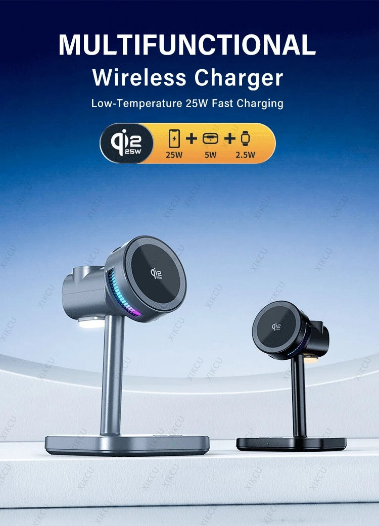 QI2 3 IN 1 Magnetic 25W Wireless Charger Stand LED Light Air Cooling Fast Charging For iPhone 17~12 Pro Max Airpods Apple Watch