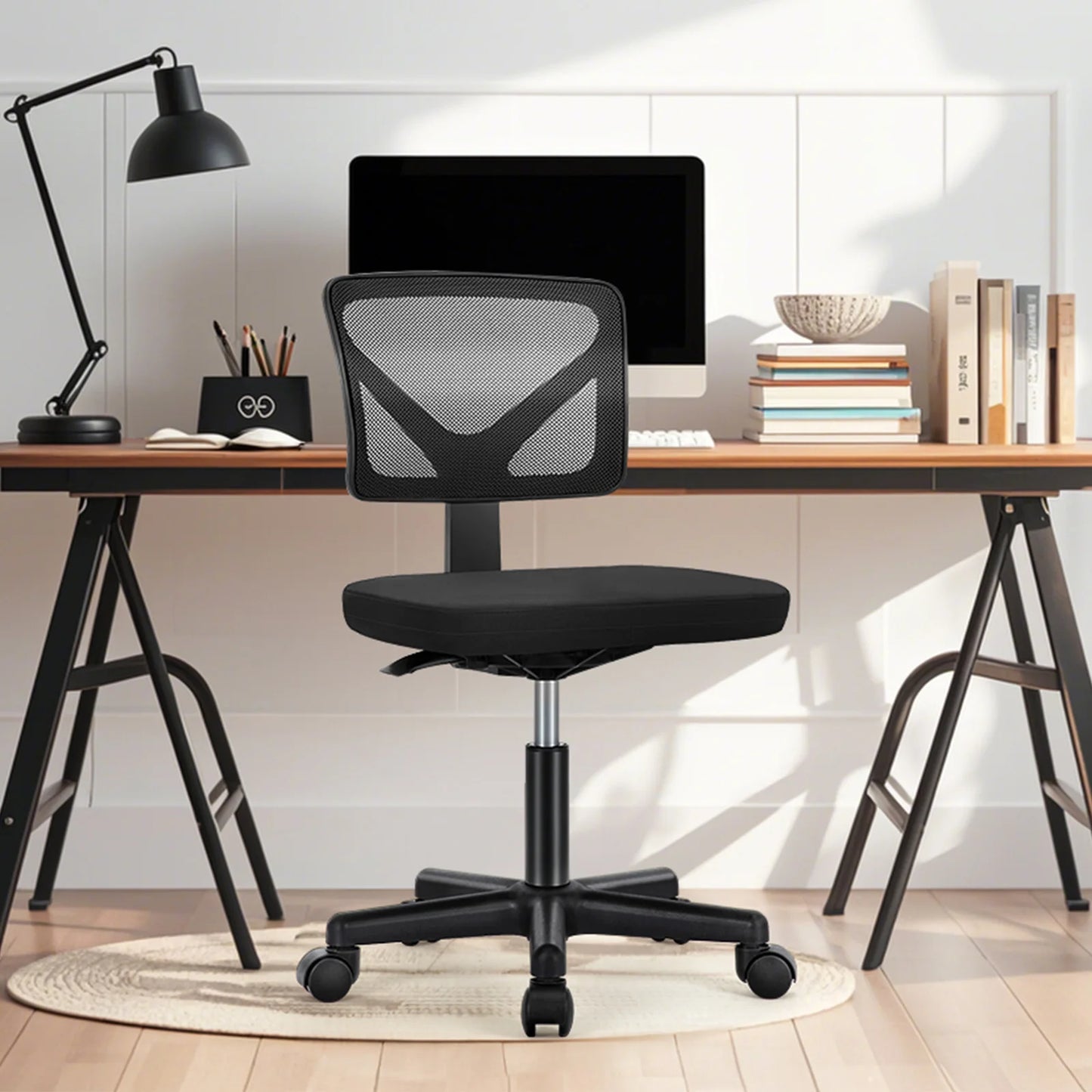 MCQ Armless Office Chairs with Swivel Rolling Wheels Ergonomic Mesh Mid Back Adjustable Height Computer Work Vanity Desk Chairs