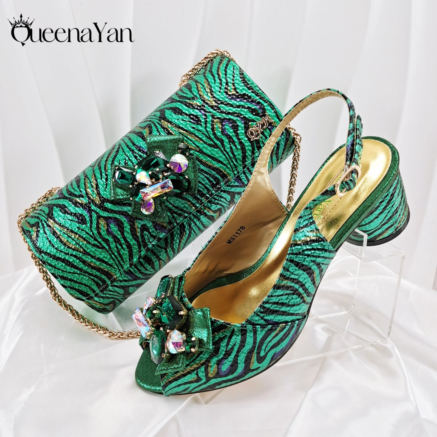 Queena Yan 2025 Women Elegant Gold High Heel Shoe and Matching Bag Set with Rhinestone Accents Stylish Peep Toe Design for Party