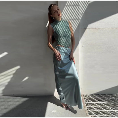 Elegant Tassel Crop Tops Satin Mermaid Skirt Sets Women Sleeveless Slim O-neck Vest Hip Package Skirts 2026 Summer Party Outfit